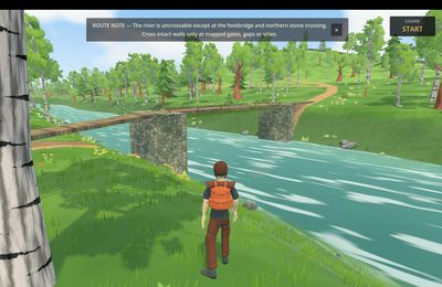 An orienteer studying two footbridges across a fast river beneath a route-choice warning.