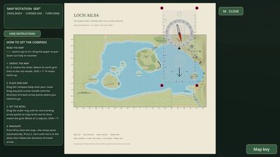 The Loch Ailsa map and compass open while the player treads water.