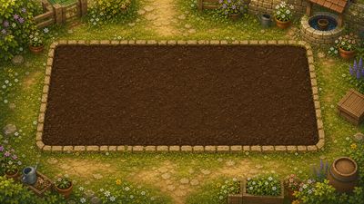 A stone-edged vegetable patch surrounded by paths, flowers and a well.