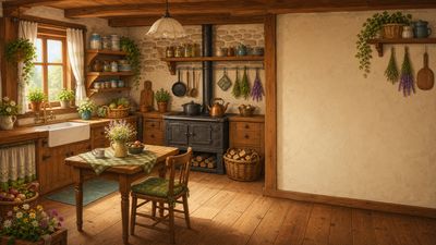 A warm cottage kitchen with a range cooker, wooden table and shelves of jars.