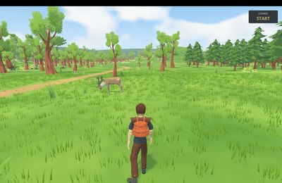 An orienteer at the start of a course in an open meadow with a deer and mixed woodland ahead.