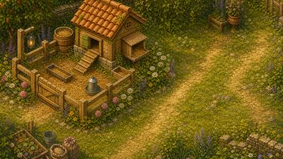 A wooden chicken coop in a flower-filled corner of the farm.