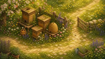 Wooden bee hives beneath a flowering apple tree beside a farm path.